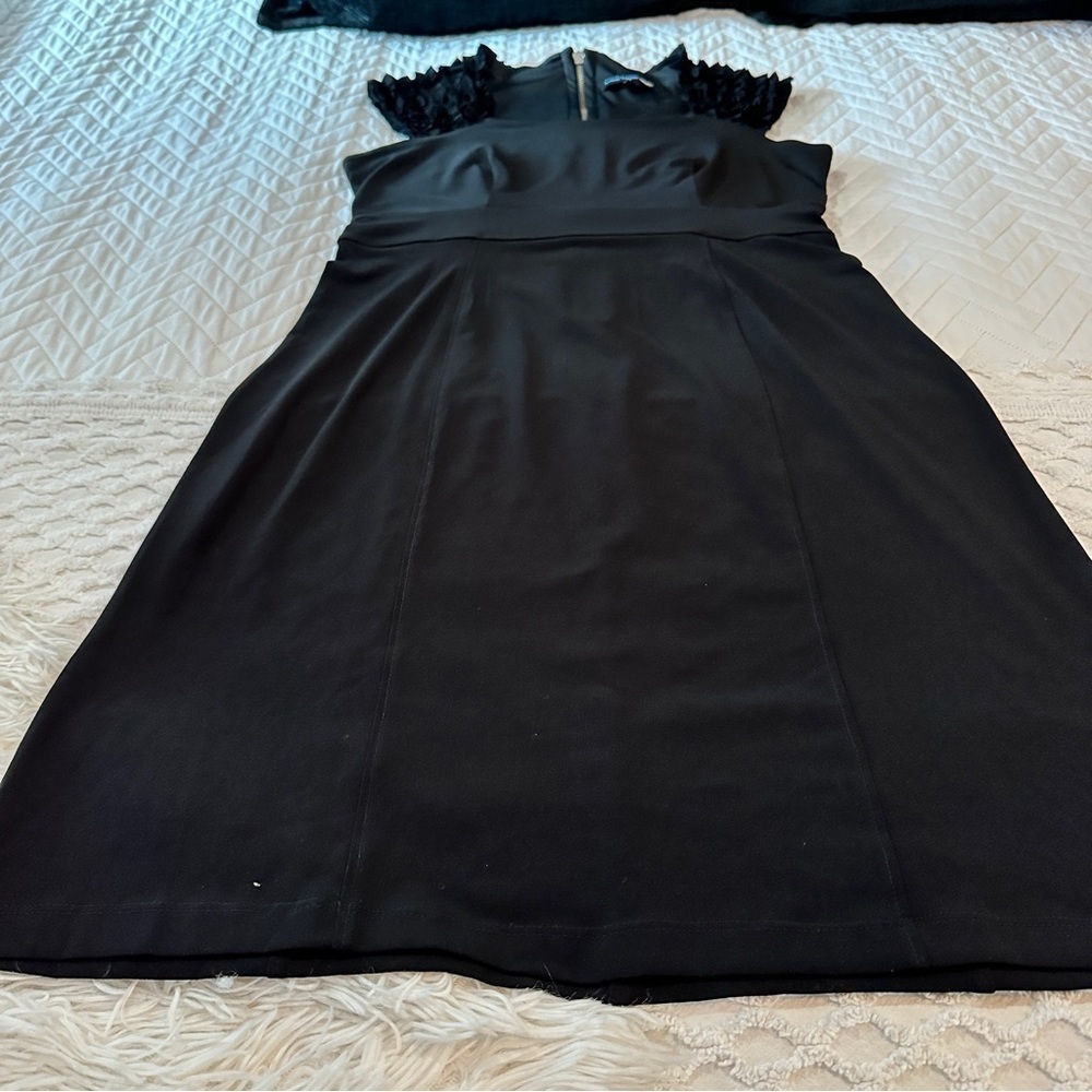 Saint Tropez West Black Ruffle Sleeve Sheath Size 8 Minimalist Quiet Luxury LBD - Picture 10 of 16